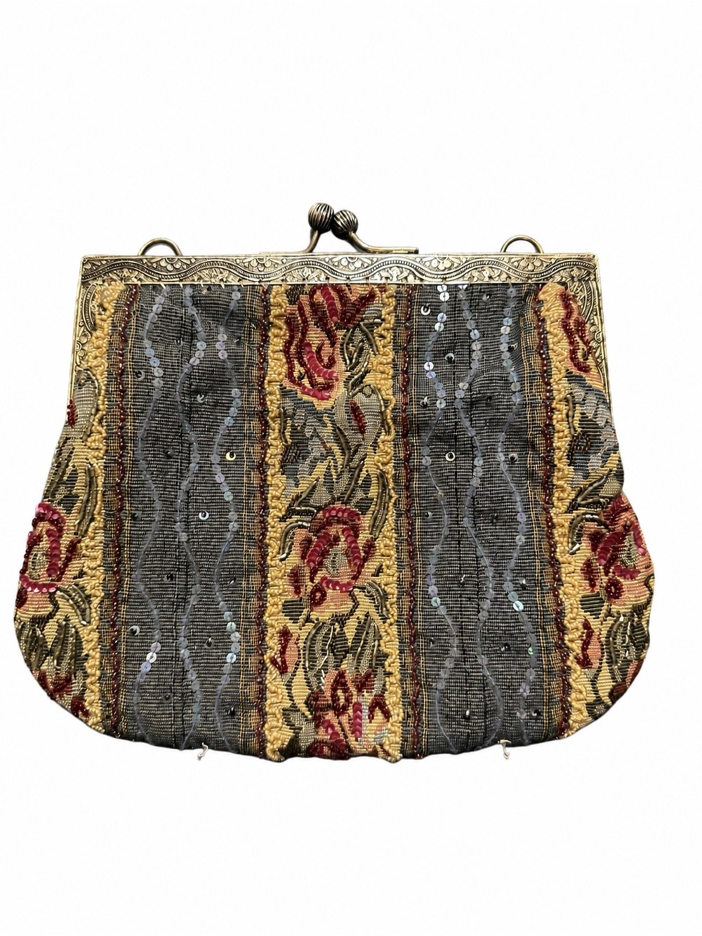 Christiana Tapestry Beaded Sequin Floral Kiss Lock Evening Bag Clutch Purse VTG
